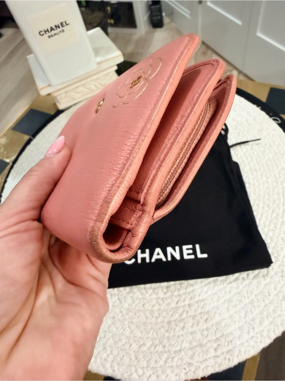 CHANEL Camellia L-Zip Pocket Wallet Pink Lambskin Gold Hardware + Dust Bag